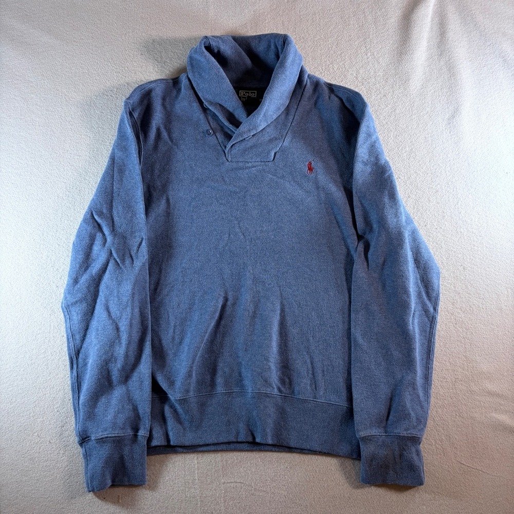 Polo Ralph Lauren Mens Blue Shawl Collar Cotton Knit Pullover Sweater Large‎